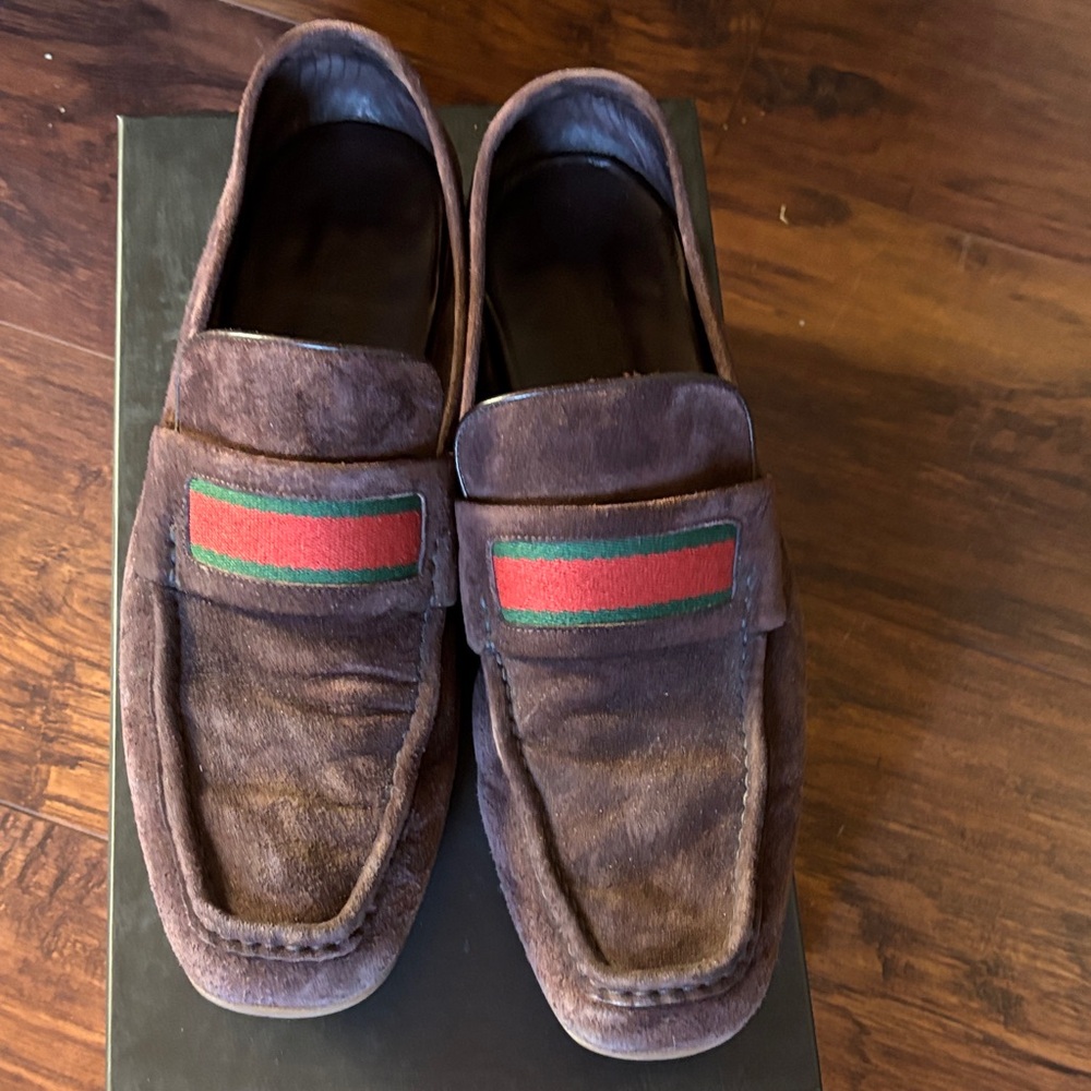 Gucci Brown Suede Loafers with Red and Green Stripes